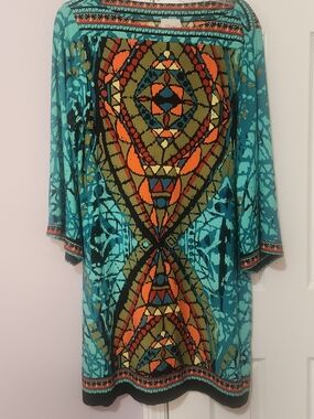 Beige by eci Turquoise Multicolor Geometric Midi Dress